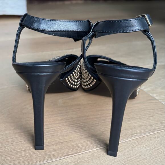 Cecelia New York Birdie Heels Sz 8.5 Black Gold Studded Peep-Toe Ankle Strap - Picture 4 of 13